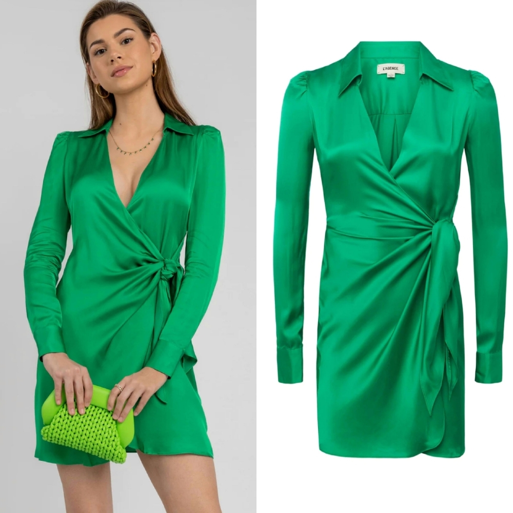 L'AGENCE Amani Wrap Dress in Grass Green 4
